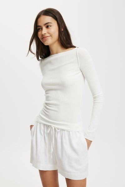 Polly Wide Neck Long Sleeve Top, NATURAL WHITE