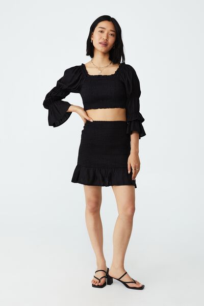 Petite Shirred Ruffle Mini Skirt, BLACK