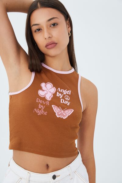 High Neck Racer Graphic Tank, ANGEL BY DAY/BRONZED BROWN