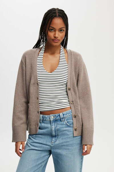 Lux V Neck Pocket Cardigan, MOCHA MARLE