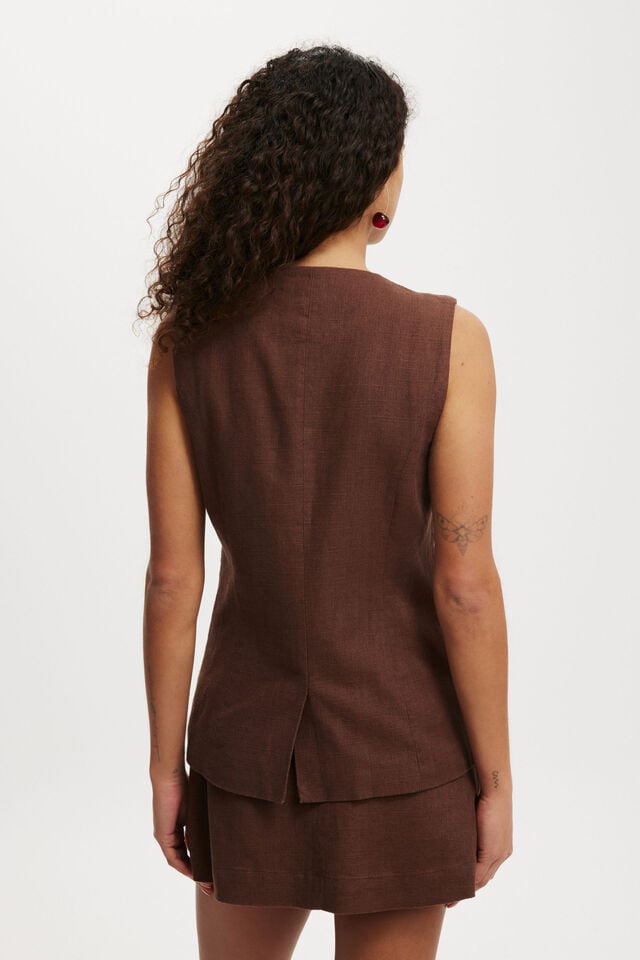 Sienna Linen Cotton Vest, CHOCOLATE