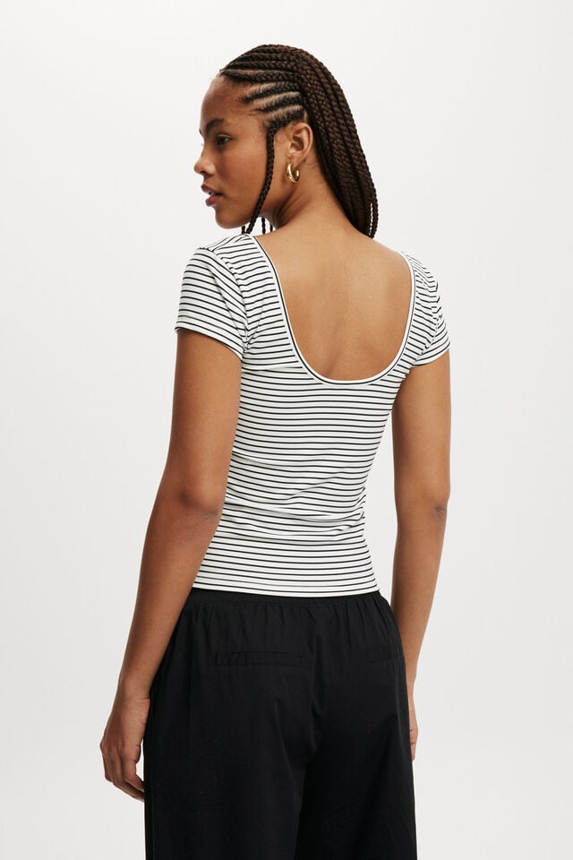 Camiseta - Emily Double Scoop Short Sleeve, CRISP STRIPE NATURAL WHITE/BLACK