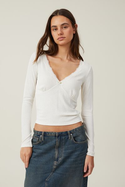 Zena Lace Trim Long Sleeve Top, NATURAL WHITE