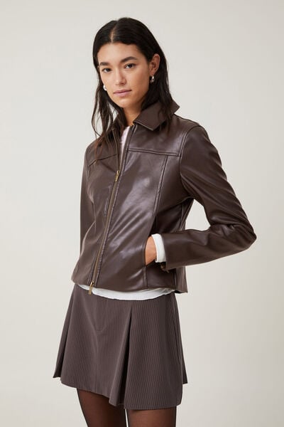 Jaqueta - Minimalist Faux Leather Jacket, BROWN
