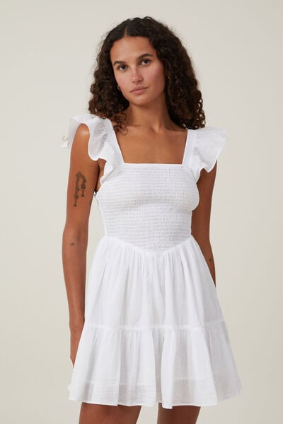 Bianca Flutter Sleeve Mini Dress, WHITE