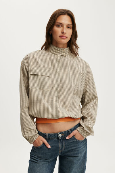 Chloe Funnel Neck Shirt, STONE MICRO CHECK