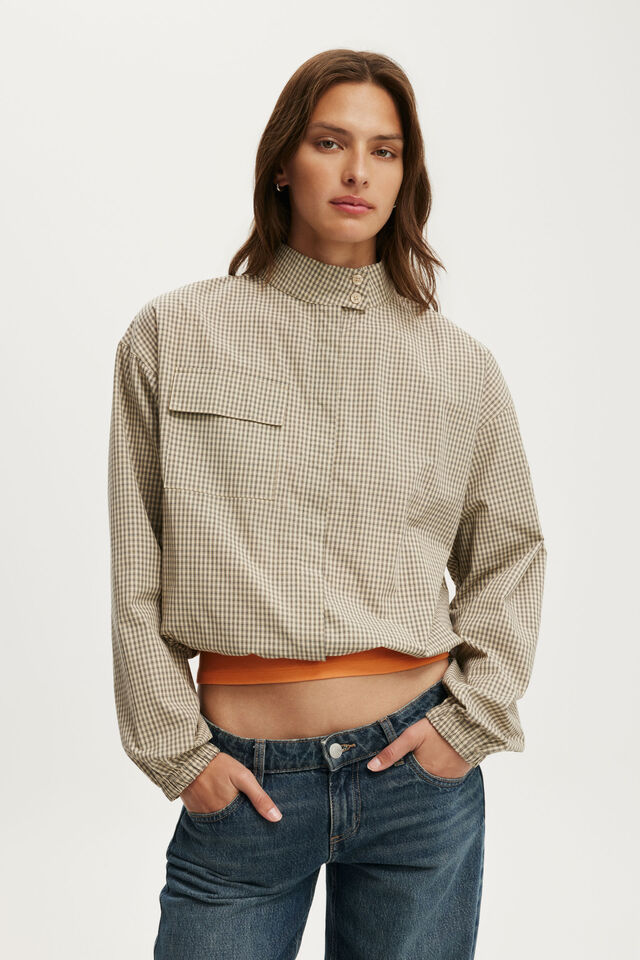 Chloe Funnel Neck Shirt, STONE MICRO CHECK