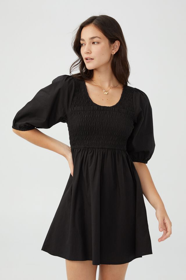 Petite Poppy Shirred Puff Sleeve Mini Dress, BLACK