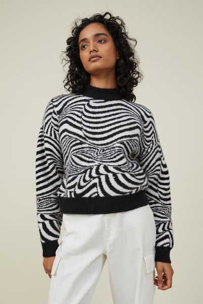 Fluffy Optical Sweater, SWIRL GEO BLACK AND WHITE