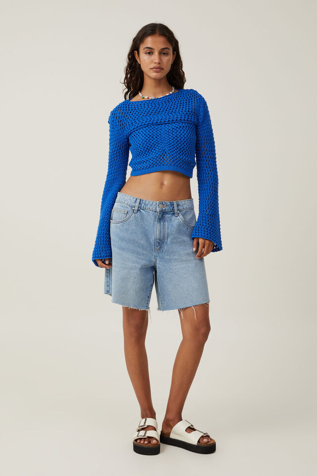 Camiseta - Crochet Mesh Short Sleeve Top, PACIFIC BLUE