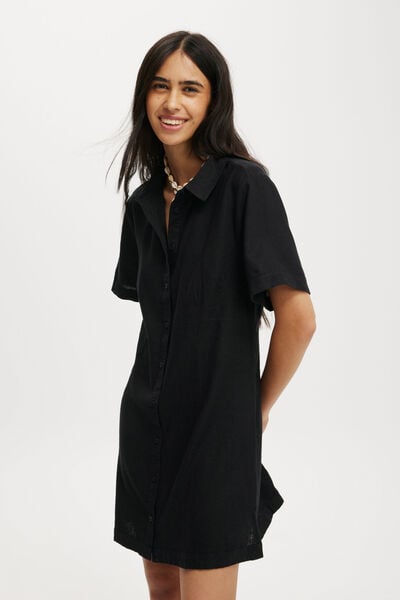 Haven Mini Shirt Dress, BLACK