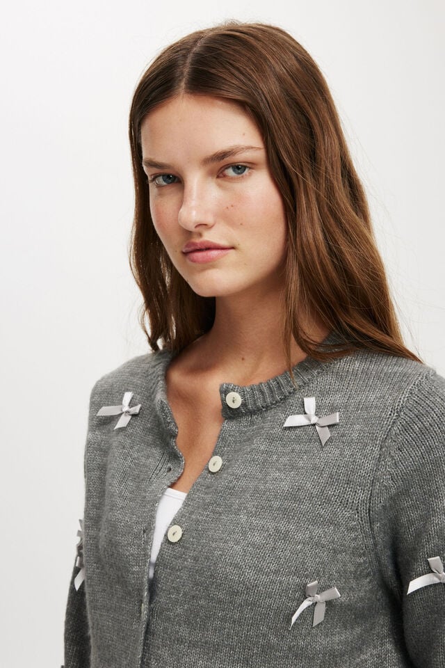 Lux Crew Button Cardigan, GRAPHITE MARLE WITH BOWS