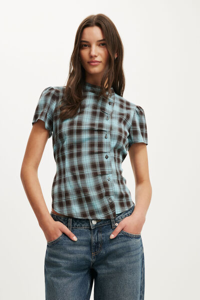 Nikki Button Through Blouse, BLUE/BROWN CHECK