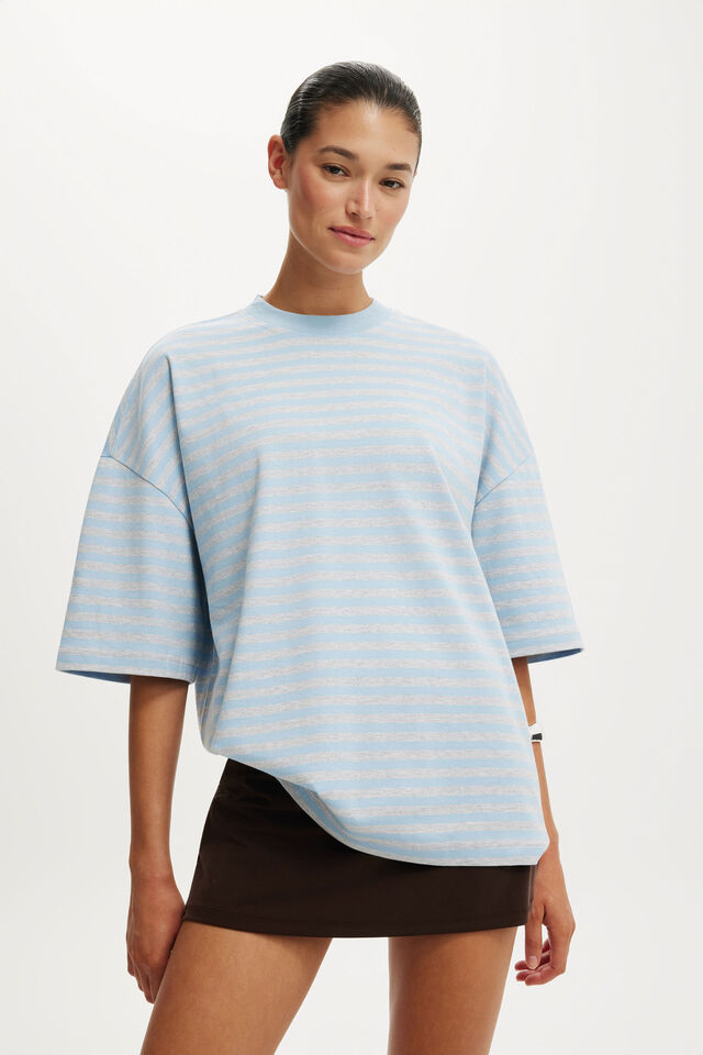 The Oversized Crew Tee, SOPHIE STRIPE GREY MARLE/ SERENE BLUE