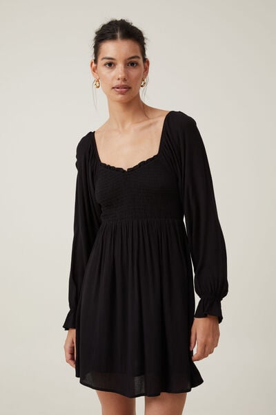 Mai Shirred Mini Dress, BLACK