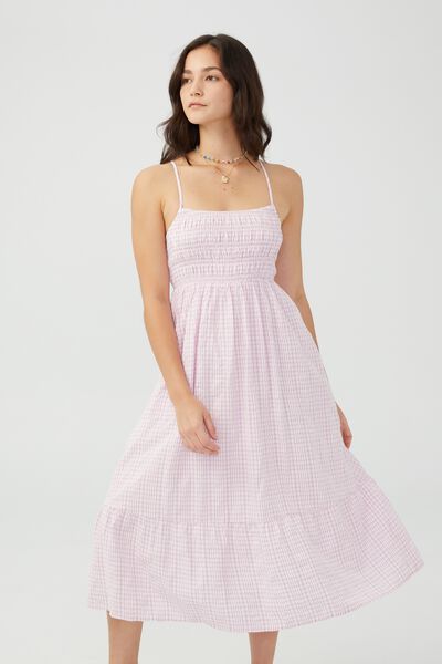 Petite Poppy Shirred Midi Dress, LAVENDER CHECK