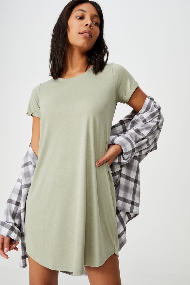 Cotton T-shirt Dress - Sage green - Ladies