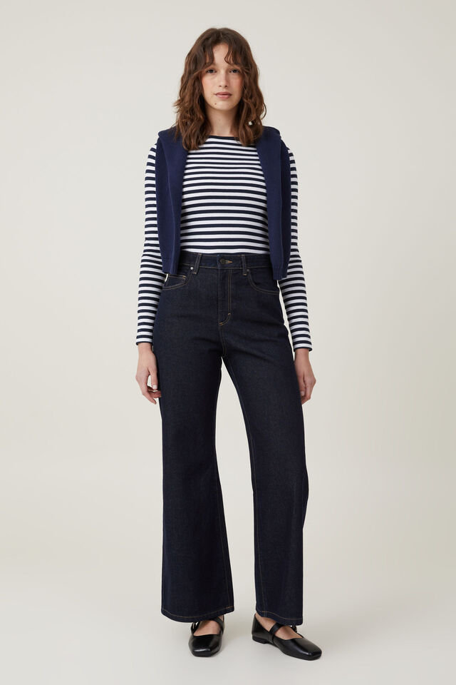The One Basic Boat Neck Long Sleeve Top, CARA STRIPE WHITE/INK NAVY