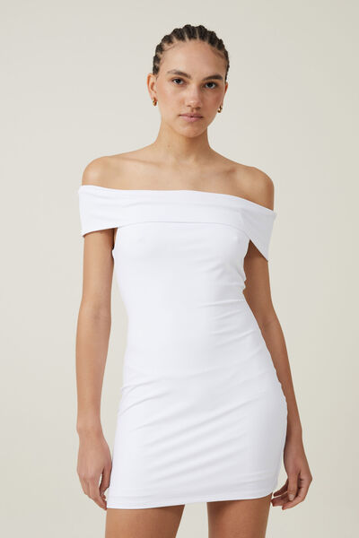 Off Shoulder Luxe Mini Dress, WHITE