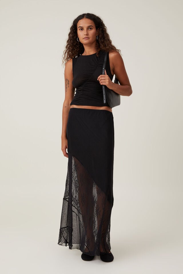 Lace Panel Maxi Skirt, BLACK