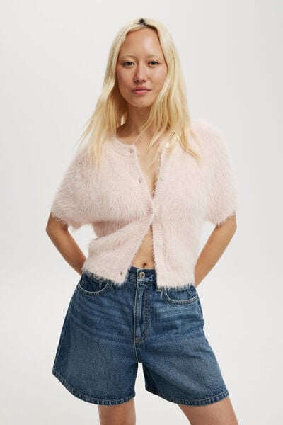 Faux Hair Rib Short Sleeve Cardi, GOSSIP PINK