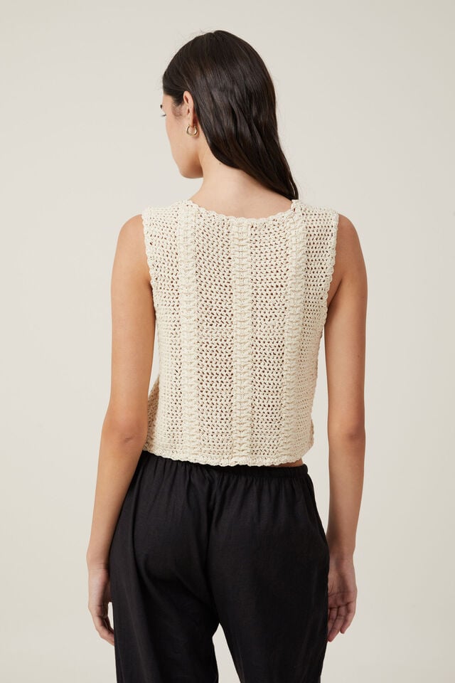 Crochet Double Tie Front Vest, PORCELAIN