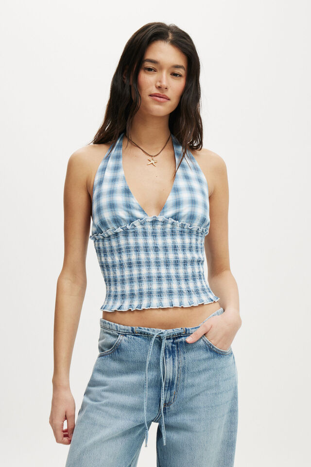 Alina Shirred Halter Top, BAILEY CHECK DUCK EGG BLUE