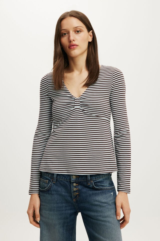 Reece Babydoll Long Sleeve, MADI STRIPE SEASIDE BLUE/DARK OAK
