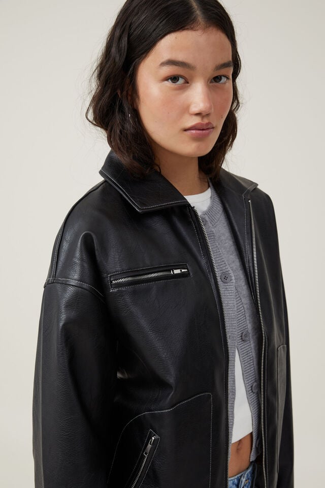 Leo Faux Leather Jacket, BLACK