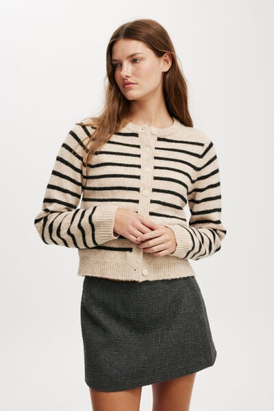 Lux Crew Button Cardigan, STONE BLACK STRIPE