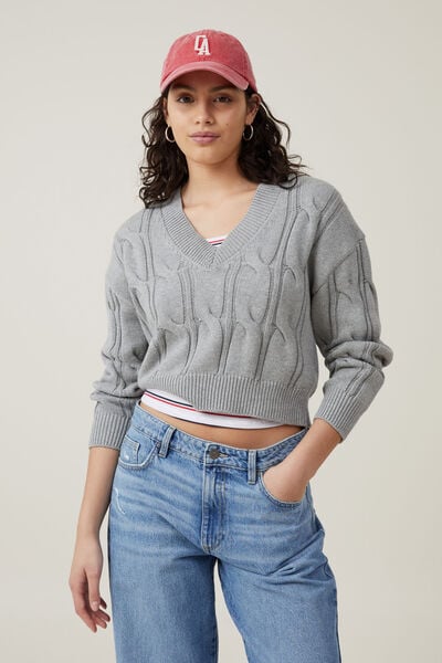 Tricôs - Cable Cotton V-Neck Pullover, GREY SHADOW MARLE