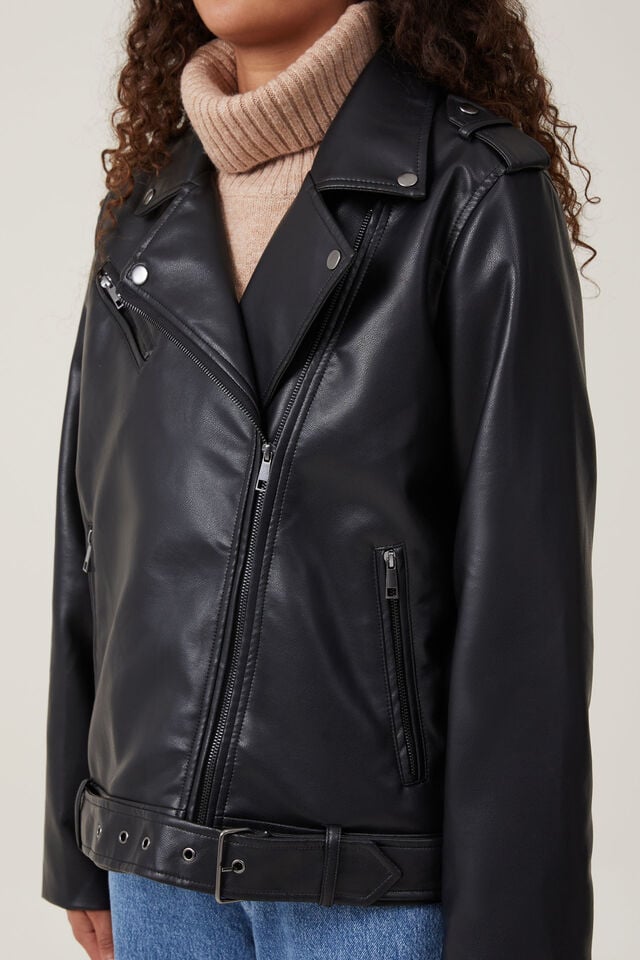 Faux Leather Biker Jacket, BLACK