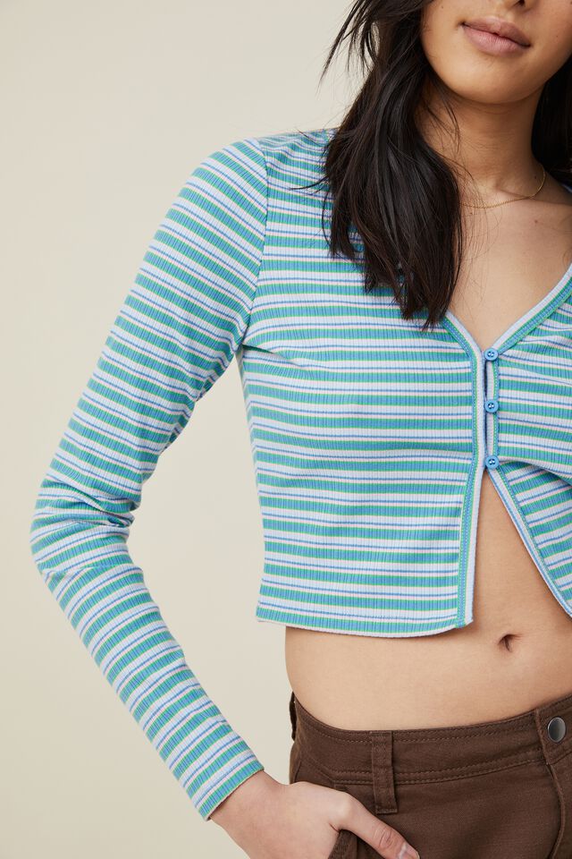 Tayla Button Up Long Sleeve Top, MILLIE STRIPE BRIGHTEST BLUE