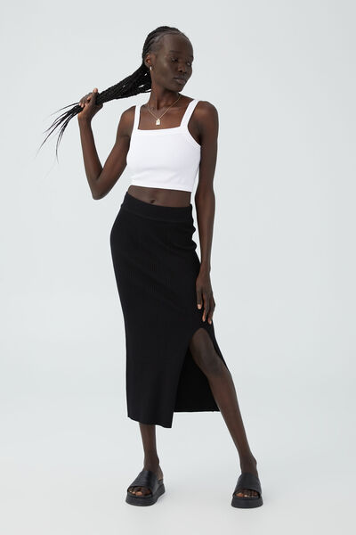 Knit Midi Skirt, BLACK