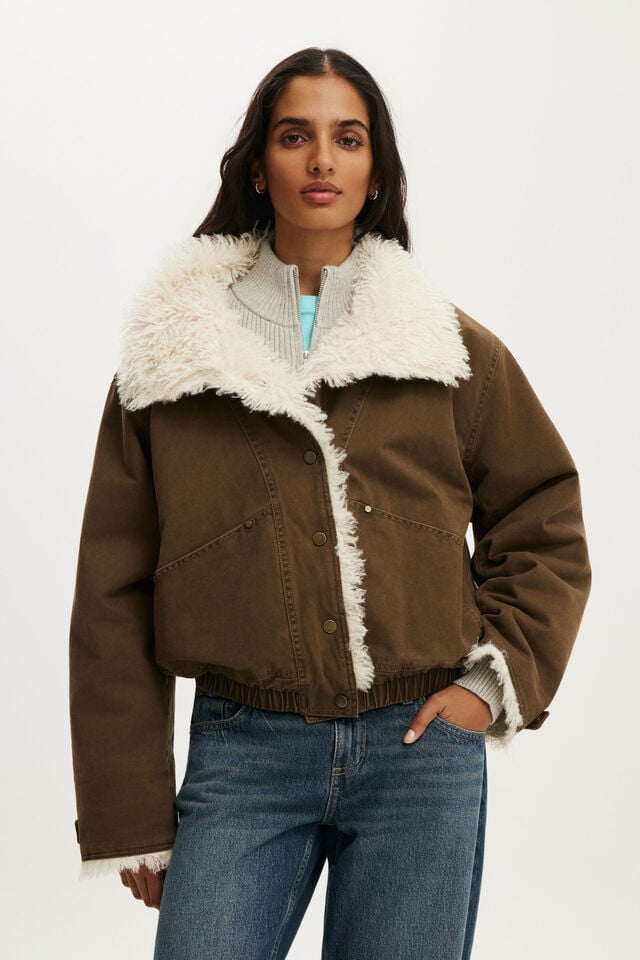 Quinn Fur Lined Jacket, WASHED OLIVE