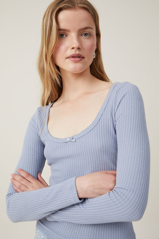 Heidi Picot Trim Long Sleeve Top, CLOUDY BLUE