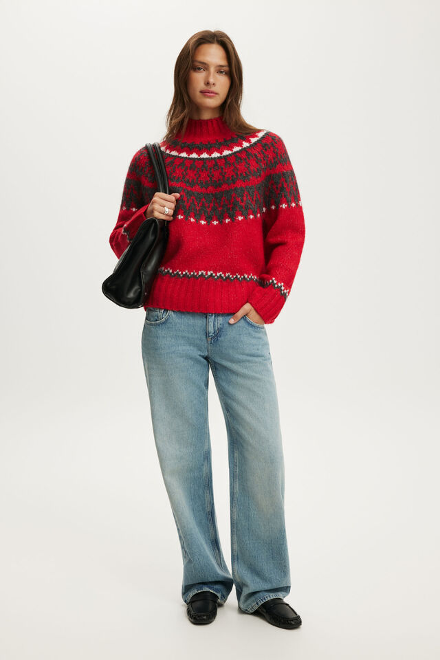 Fairisle Mock Neck Sweater, RED PETAL FAIRISLE