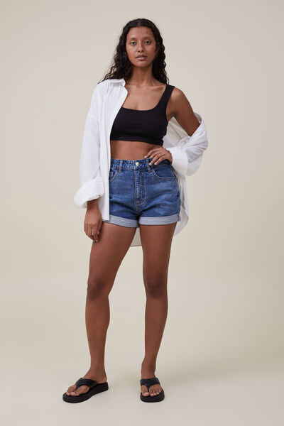 High Rise Classic Stretch Denim Short, MISTY BLUE