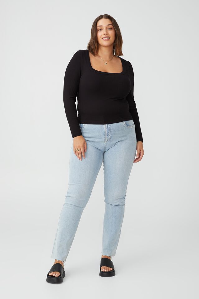 Curve Staple Rib Scoop Neck Long Sleeve Top