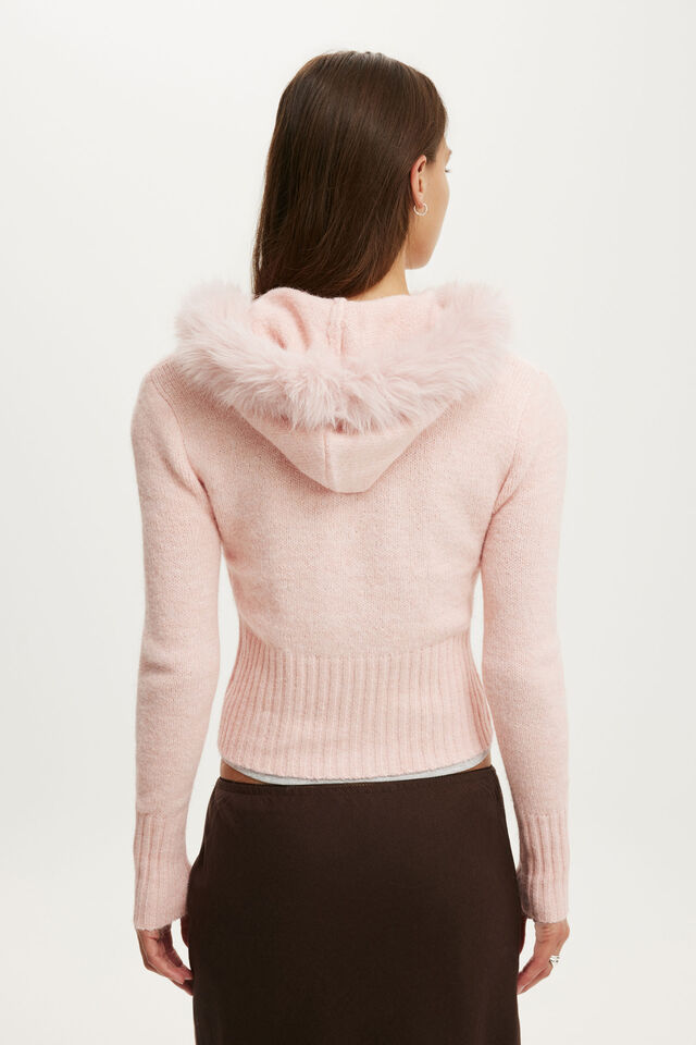 Fluffy Knit Zip Hoodie, SOFT PINK
