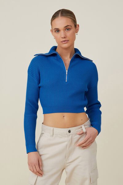 Crop Rib Zip Collar Sweater, ANIMATED BLUE