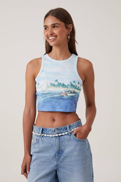 Crop Ribbed Graphic Racer Tank, VACAY SCENE/VINTAGE WHITE