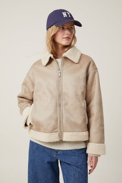 Dakota Faux Leather Jacket, TAUPE SHERPA