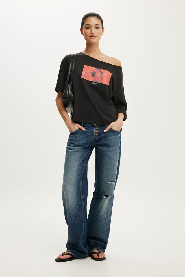 Jennie Music Off The Shoulder Boxy Graphic Tee, LCN COR JENNIE SWORD / WASHED BLACK