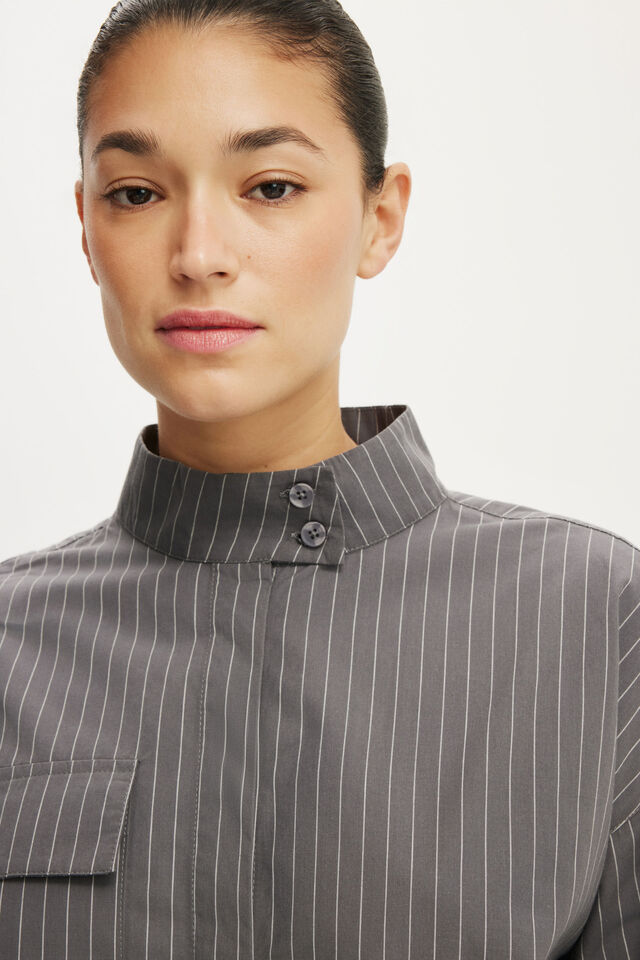 Chloe Funnel Neck Shirt, KYLIE PINSTRIPE GREY