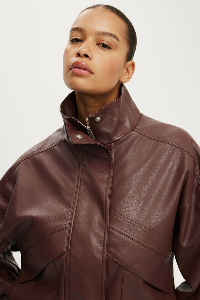 Theo Faux Leather Bomber, WILD CHERRY