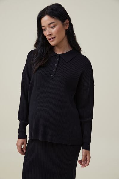 Maternity Friendly Urban Collar Long Slv Pullover, BLACK