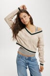 Varsity V-Neck Crop Cable Sweater, STONE PINE GREEN TIPPING - alternate image 1