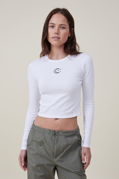 Camiseta - Fitted Rib Graphic Long Sleeve Top, HALF MOON/WHITE