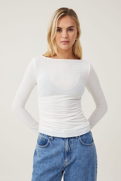 Camiseta - Hazel Boat Neck Long Sleeve Top, NATURAL WHITE